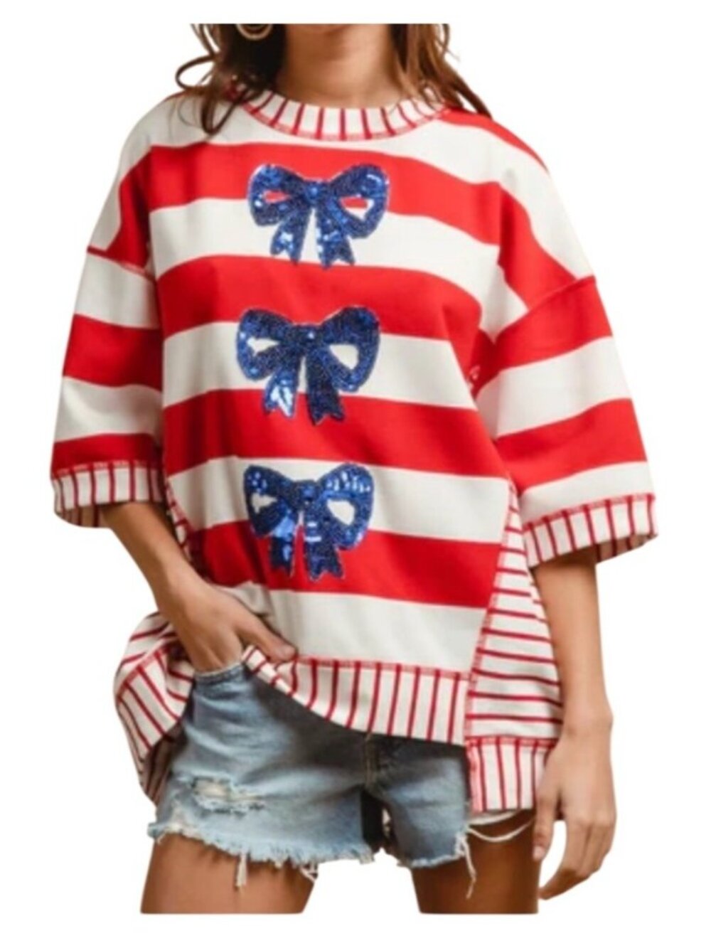 BiBi Oversized Stripe Top XL Sequin Bows Red White Blue 3/4 Sleeve Blouse